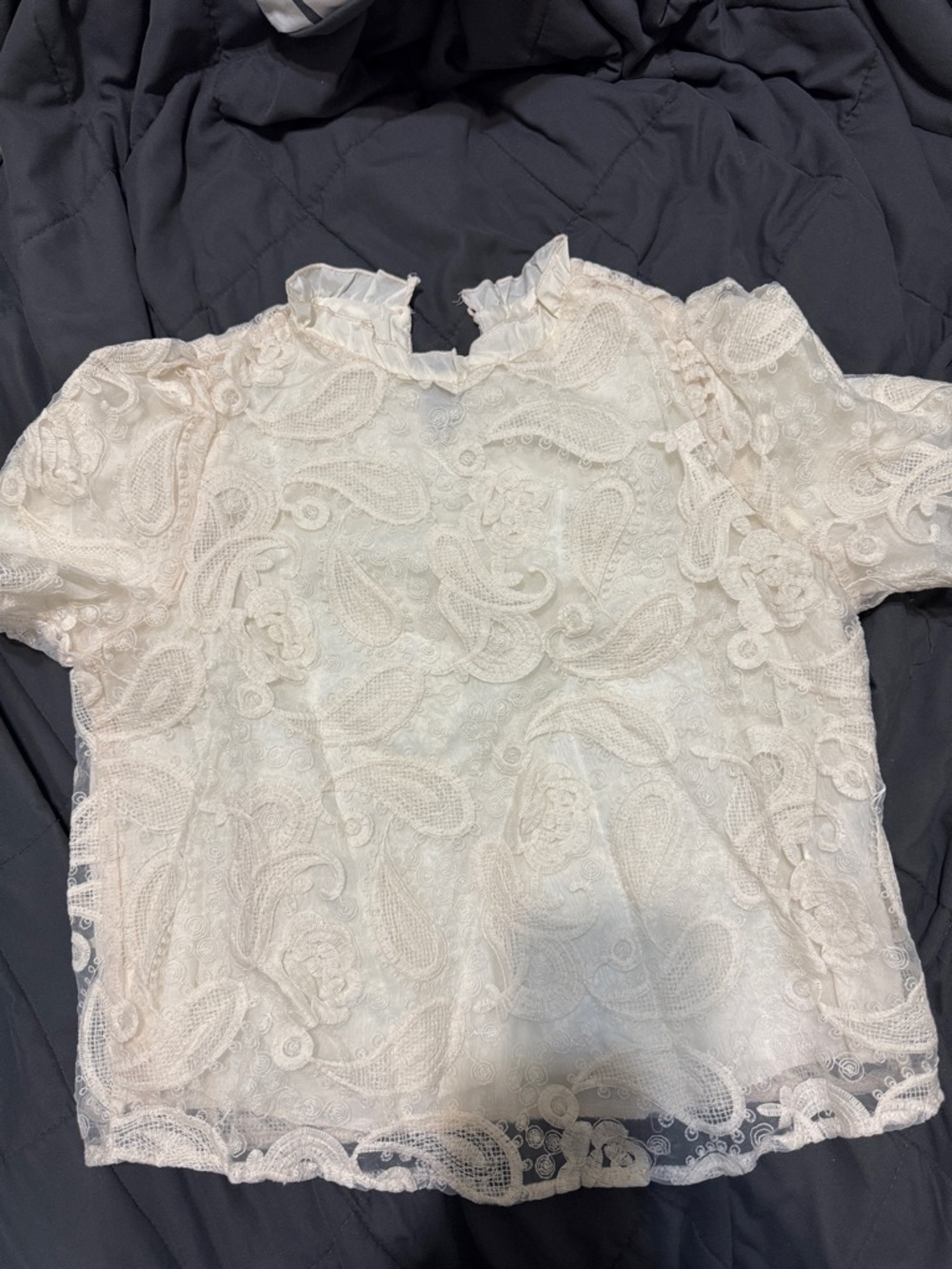 Women's Lace Short Sleeve Ruffle Neck Blouse — Cream